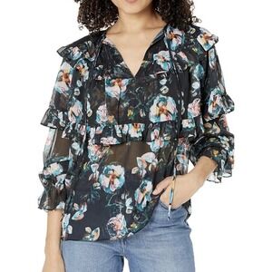 BCBGMAXAZRIA‎ BCBG Max Azria Top Floral Sheer Metallic Black Pirate Blouse Fairy